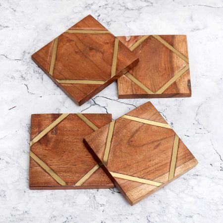 Home Decor Brown Wooden Coasters - Pack of 4